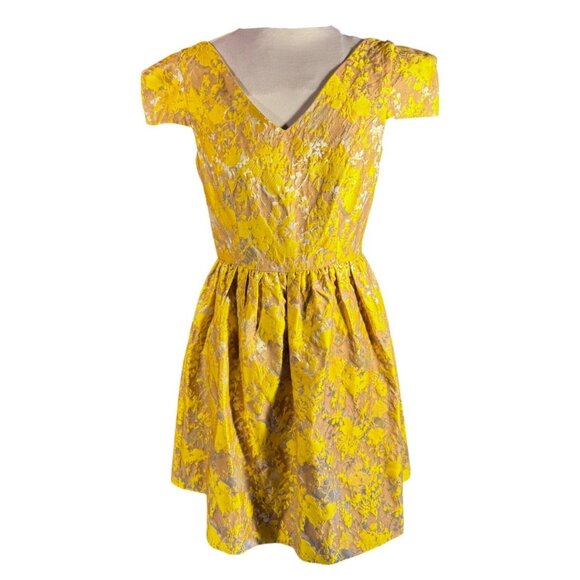Yellow & Silver Floral Cap Sleeve Dress By Minuet S V-Neck Back Zipper - Picture 2 of 9